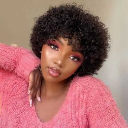 Synthetic Wigs Pixie Short Afro Curly Bob Human Hair Wigs With Bangs For Women Brazilian Remy Hair Wear and Go Natural Brown Kinky Curly Wigs 240328 240327