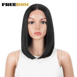 Synthetic Wigs Synthetic Wigs FREEDOM Straight Synthetic Lace Wigs Short Bob Ombre Blue Colourful Wigs For Black Women Cosplay Wigs Middle Part Lace Wig 240328 240327