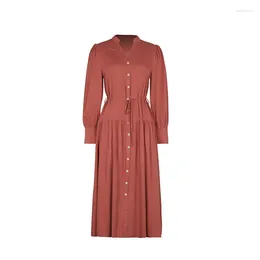 Casual Dresses Orange Red Women's Strapping Waist Single Breasted Long Sleeved Dress Elegant And Fashionable Autumn