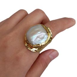 YYGEM 23mm Cultured White Baroque Pearl Gold Plated Finger Ring Adjustable Rings For Women Jewellery 240305