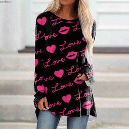 Women's T-Shirt Love Letter Heart Lipstick Print Graffiti T Shirts 2024 Women Long Sleeve Round Neck Clothe Tops Valentines Day Gift GirlfriendC24319