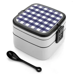 Dinnerware Navy Blue Gingham Pattern Double Layer Bento Box Portable Container Pp Material Chequered Preppy Cheque Cute