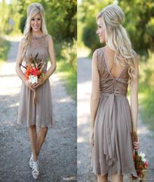 Cheap Country Style Bridesmaid Dresses Jewel Neck Sheer Lace A Line Knee Length Summer Beach Champagne Plus Size Maid Of Honour Par2549310