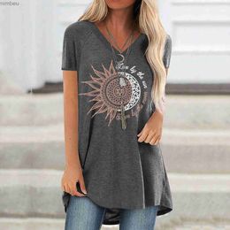 Women's T-Shirt Retro T-shirt Women Fashion Casual Live By The Sun Love By The Moon Letter Print V-neck Loose Short Sleeve T-shirt Pullover TopsC24319