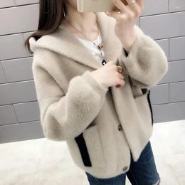 Women's Knits Spring And Autumn Women Faux Mink Cardigan Patchwork Fur Female Hooded Fashion KniSweater Jacket Single-breasted Outwear