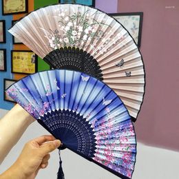 Decorative Figurines 1PC Wooden Silk Folding Fans Vintage Chinese Tassel Hanging Pendant Women Party Dance Props Hand Held Fan Home