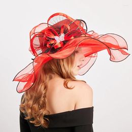 Wide Brim Hats 2024 Summer Ladies Sun Hat Elegant Flower Veil Fedoras Cap For Women Wedding Tea Party