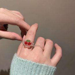 Summer Sweet Transparent Crystal Weaving Cherry Ring for Women's Instagram