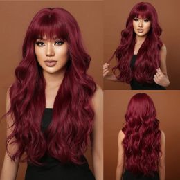 Wigs Wine Red Synthetic Wigs Burgundy Long Wavy Wigs with Bangs for Black Women Cosplay Daily Natural Hair Wig Heat Resistant Fibre