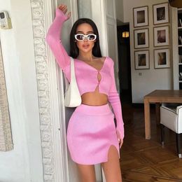 Fashion Women Two-Piece Crochet Skirt Suit Solid Color Long Sleeve Cropped Tops And Slit Wrap Skirt Daily Street Style S M L 240329