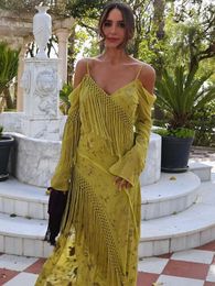 2024 Elegant Tassels Hollow Out Mesh Sheer Dresse Sexy Off Shoulder Tassel Sleeveless Patchwork Dress Female Clubwear 240314