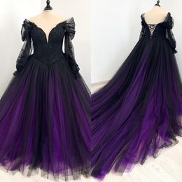 Bajeczne linia gotycka na ramię boho sukienki ślubne suknie ślubne koronkowe aplikacje wiejskie winogron czarny suknia ślubna