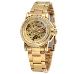 Luxury Gold Women Automatic Mechanical Watches Women Fashion Stainless Steel Clock Ladies Crystal Hollow Skeleton Watch Saati 20112545