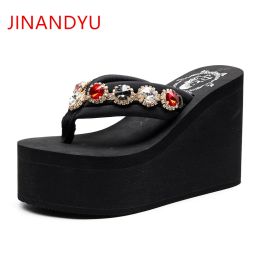 Slippers 11/8/6/3CM High Heels Summer 2022 Platform Slippers Women Flip Flop Slide Sandals Rhinestone Slippers Black Sandals Women