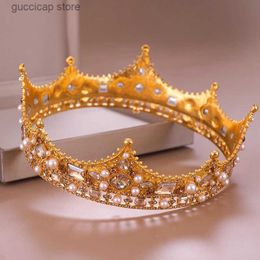 Tiaras Vintage Gold Royal Crown Round Tiara Bride Head Jewellery Pearl Crystal Hair Accessories Wedding Crown Ornaments Headband Diadem Y240319