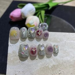 False Nails 10PCS Handmade Wearable Square Head Artificial With Y2k Designs Raspberry Blue Smudged Press On Short