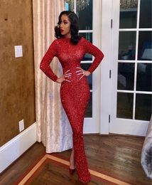 Sparkly Beads Mermaid Prom Dresses high neck Sexy Red Long Sleeve Africa Arabic Women Formal Evening Dress Shiny Split Chic Party 2255429