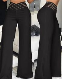 Elegant Solid Flare Pants Women Crisscross Sheer Mesh High Waist Wide Leg Trousers Streetwear Casual Office Ladies Work Pant 240319