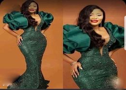 Aso Ebi Dark Green Prom Dresses With Puff Sleeves Beads Sequined Mermaid Evening Gowns Plus Size Special Occasion Party Dress For 2259692