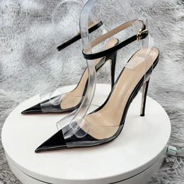Sandals Transparent PVC Ankle Buckle Strap 6cm 8cm 10cm 12cm High Thin Heels Open Pointed Toe Plus Size Brand Ladies Shoes LX026