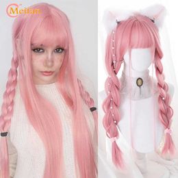 Synthetic Wigs Lace Wigs MEIFAN Synthetic Long Stright Cosplay Lolita Harajuku Wig With Bangs Pink Blonde White Halloween Wig for Women Daily Wear Wig 240328 240327