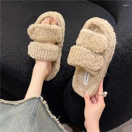 Slippers Winter Plush Women 2024 Autumn Fashion Line Double With Flat Outside Wear Non-slip Cotton Sandals