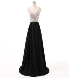 Beaded Sheer V Neck Chiffon Evening Gowns Black 2019 Long Evening Dresses Sexy Backless Prom Gown5904261