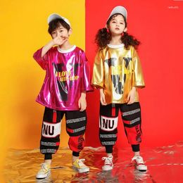 Stage Wear Hip Hop Costume Girls Boys Ballroom Dancing Loose PU Pant T Shirt Kids Jazz Dance Costumes Child Competition Show Clothes