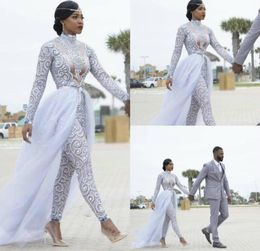 Gorgeous Jumpsuits With Detachable Train Wedding Dress High Neck Beads Crystal Long Sleeves Modest Wedding Dresses African Bridal 7531205