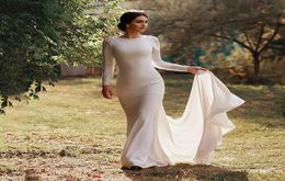 Simple Soft Satin Mermaid Wedding Dresses Long Sleeves Lace Appliques Bridal Gown Closed Back Muslim Wedding Party Gowns Robe De M2130605