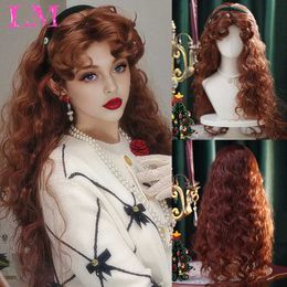 Synthetic Wigs LM Red Brown Copper Ginger Short Curly Synthetic Wigs for Women Natural Wave Wigs with Bangs Heat Resistant Cosplay Hair 240329