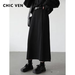 CHIC VEN Womens Skirts Loose High Waist Pleated Straight Tube Skirt Slit Black Female Clothes Office Lady Autumn Winter 240319