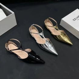 Sandals Pointed Toe Women Sandals Patent Leather T Strap Flat Low Heels Black Gold Silver Ankle Strap Summer Dress Shoes Belt 39