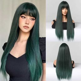 Synthetic Wigs Lace Wigs Long Straight Green Synthetic Hair Wigs with Bangs for Women Cosplay Party Natural Hair Heat Resistant Fiber Wig 240328 240327