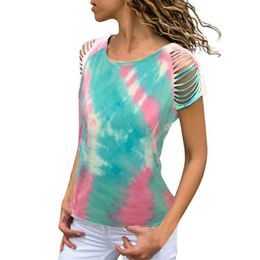 Designer Women's Fashion T-shirt 2024 Trendy Womens Tie Dyed Burnt Flower Shoulder Round Neck Short sleeved T-shirt for Women blouses women womans clothingMDF7