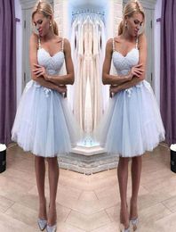 2020 Cheap Spaghetti Straps Gray Blue Lace A Line Homecoming Dresses Tulle Applique Knee Length Short Prom Party Cocktail Dresses9415770