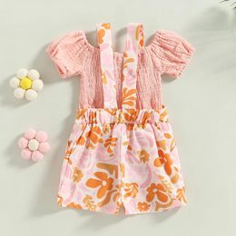 Clothing Sets Toddler Kid Girl Summer Clothes Solid Short Sleeve Pleated T-shirt Top Floral Suspender Shorts 2Pcs Set