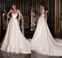Designer Bowknot Spaghetti Straps A Line Wedding Dresses Simple Boho Garden Sleeveless Bridal Gowns Romantic Tulle Lace-up Back Plus Size Vestidos De Novia YD