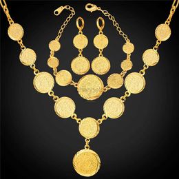 Bangle Coin Necklace Bracelet Earrings Set Womens Jewelry Muslim Arabic Money Sign Gold Color Middle Eastern/African Vintage NEH882 240319