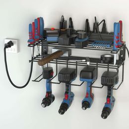 Heavy Duty Charging Station, 3 Layers Garage Pegboard Rack, Tool Organizer Wall Mounted with 7 -hole Outlets Surge Protector, 4 Power Drill