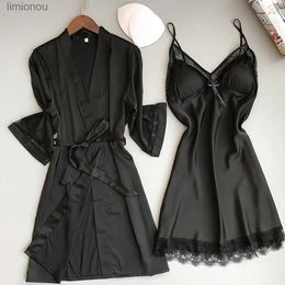 Women's Sleepwear 2 Piece Set Pyjamas Women Silk Robe Kimono Lace Trim Night Dress Bridesmaid Satin Sexy Lingerie Summer Bathrobe Sleepwear 20JanC24319