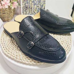 Strap HBP Non-Brand Double Monk Backless Loafers Comfortable Indoor Leisure Casual Men Half Flat Shoes Slippers