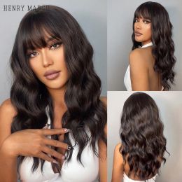 Wigs HENRY MARGU Ombre Black Brown Synthetic Wigs for Women Afro Long Wave Hair Wig with Bangs Cosplay Party Heat Resistant Wig