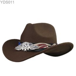 Wide Brim Hats Bucket Retro USA Letter Wing Leather Belt Band Women Men /Kid Child Wool Warm Cowboy Western Hat Cowgirl Cap (54-57-61cm 240319