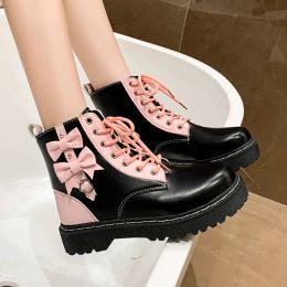 Boots Boots Women Pink Bow Tie Chunky Platform Ankle 2024 Autumn Thick Bottom Short Boos Womans Kawaii Lolita Shoes Cool on Promotion