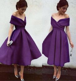 Vintage Tea Length Evening Party Dresses Off shoulders A line With Sleeves Satin Formal gowns Celebrity Mother of the bride dress 1058933