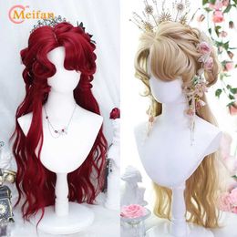 Synthetic Wigs MEIFAN Synthetic Long Wavy Curly Lolita Wig with Bangs Girl Cute Ombre Pink Blue Blonde Cosplay Party Halloween Harajuku Wig 240329