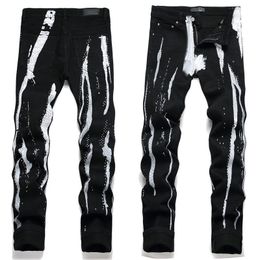 Black Mens Crystals Jeans Ripper Denim Long Pants Skinny fit Slim Men's stretch Biker Stacked Jean Patchwork Distressed Stripe Painted Designer Top Quality size 28-40