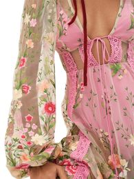 Vestidos casuais mulheres ver através do vestido de flor de renda y2k pura malha bodycon manga longa cobrir maxi
