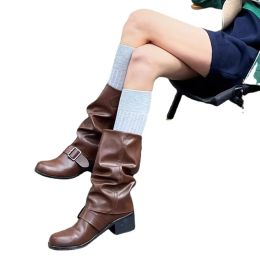 Boots retro motorcycle boots knight boots women's new high heeled French pile up boots pleated knee high boots brown long boots